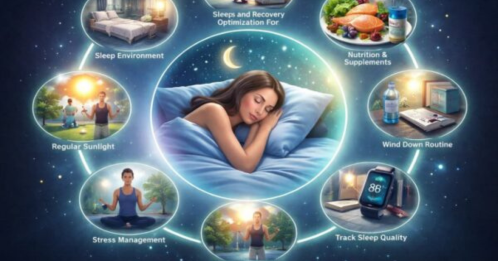 Illustration of a woman sleeping peacefully surrounded by icons showing factors like sleep environment, nutrition, sunlight, stress management, wind-down routine, and sleep tracking for better sleep and immunity